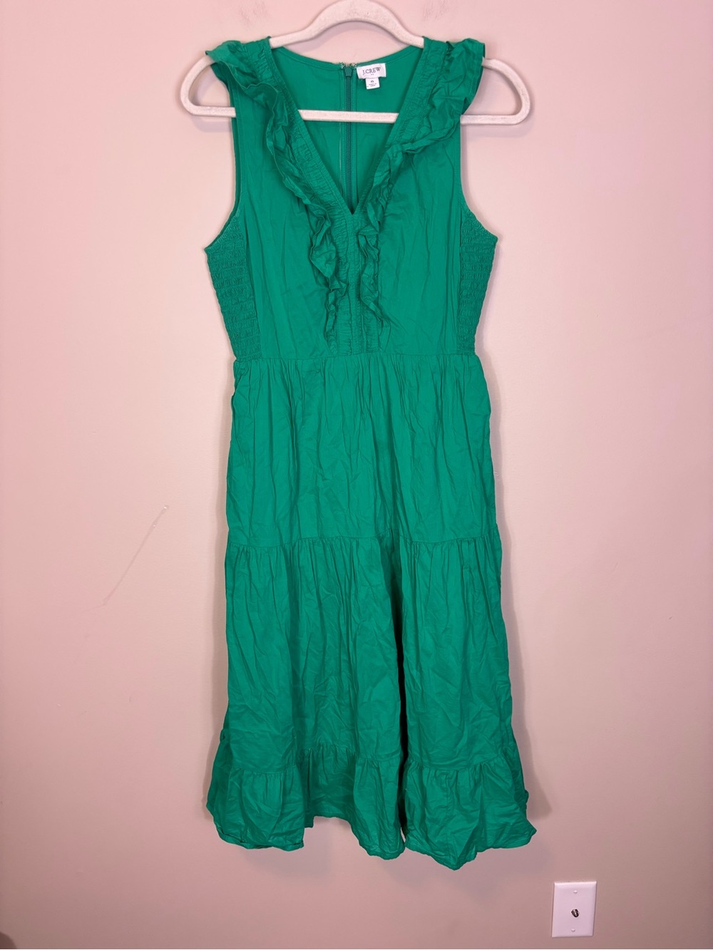 J. Crew Emerald Green Ruffle Detail V-Neck Sleeveless Tiered Midi Dress 6